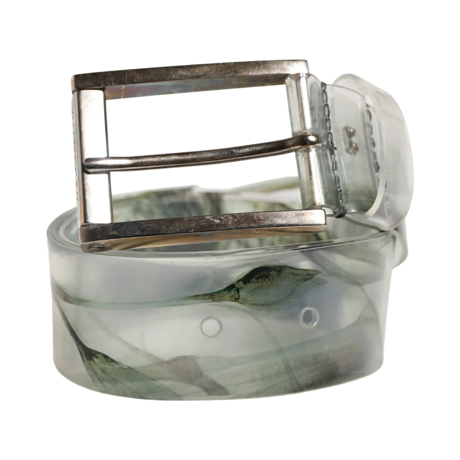 Men White Floral PVC Silver Metal Buckle Belt