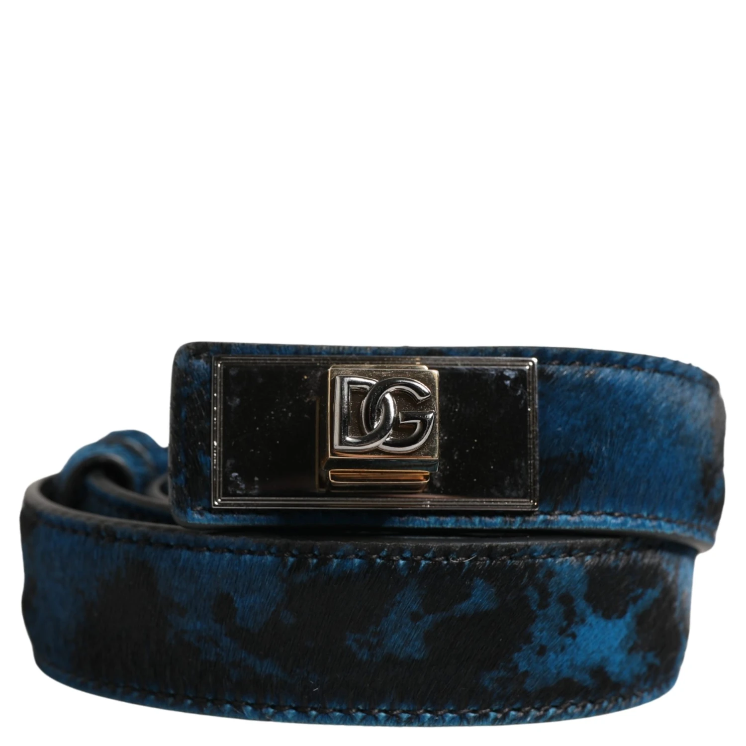 Men Blue Calf Leather Logo Metal Buckle Belt