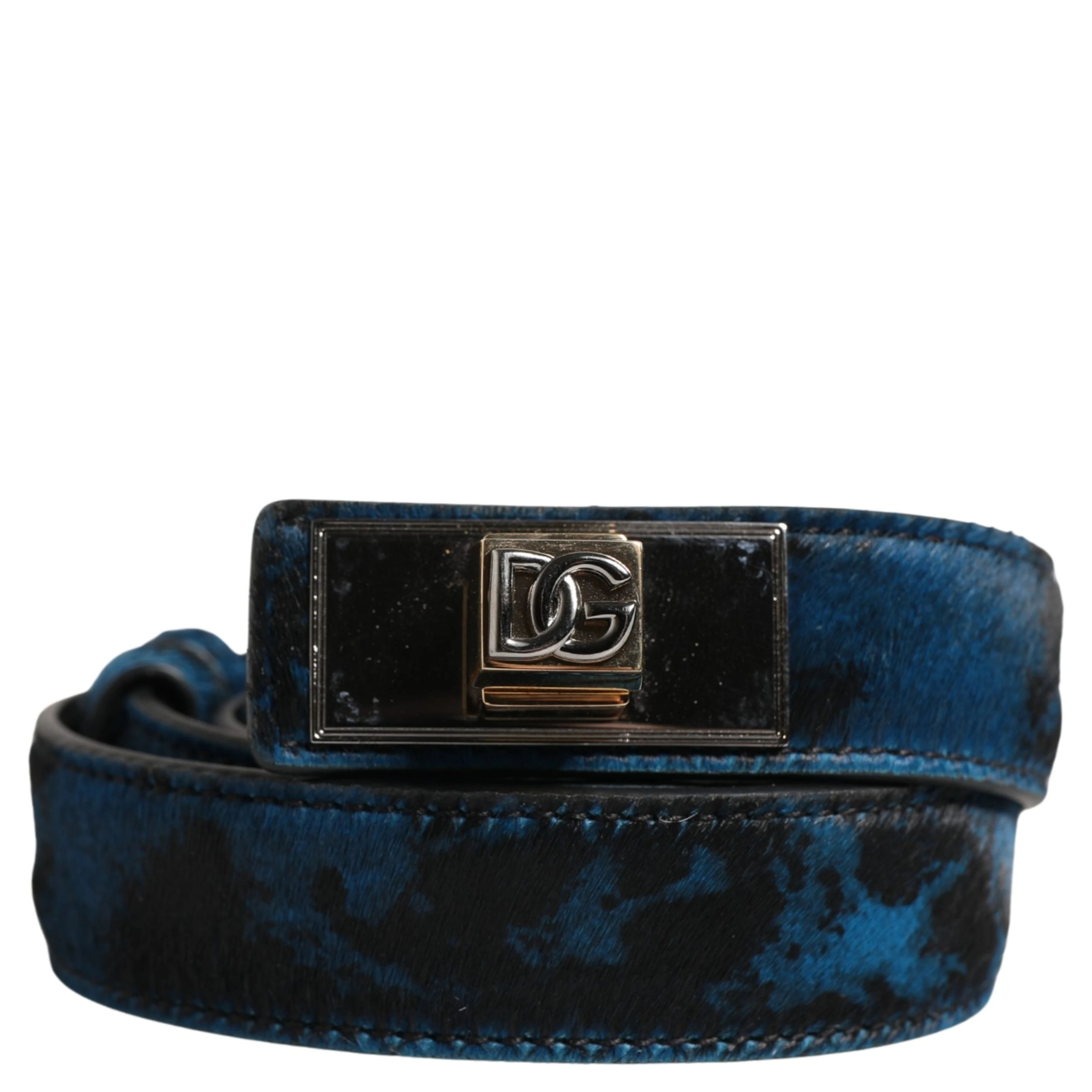 Men Blue Calf Leather Logo Metal Buckle Belt