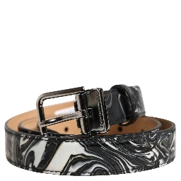 Men Black Marble Leather Metal Buckle Belt