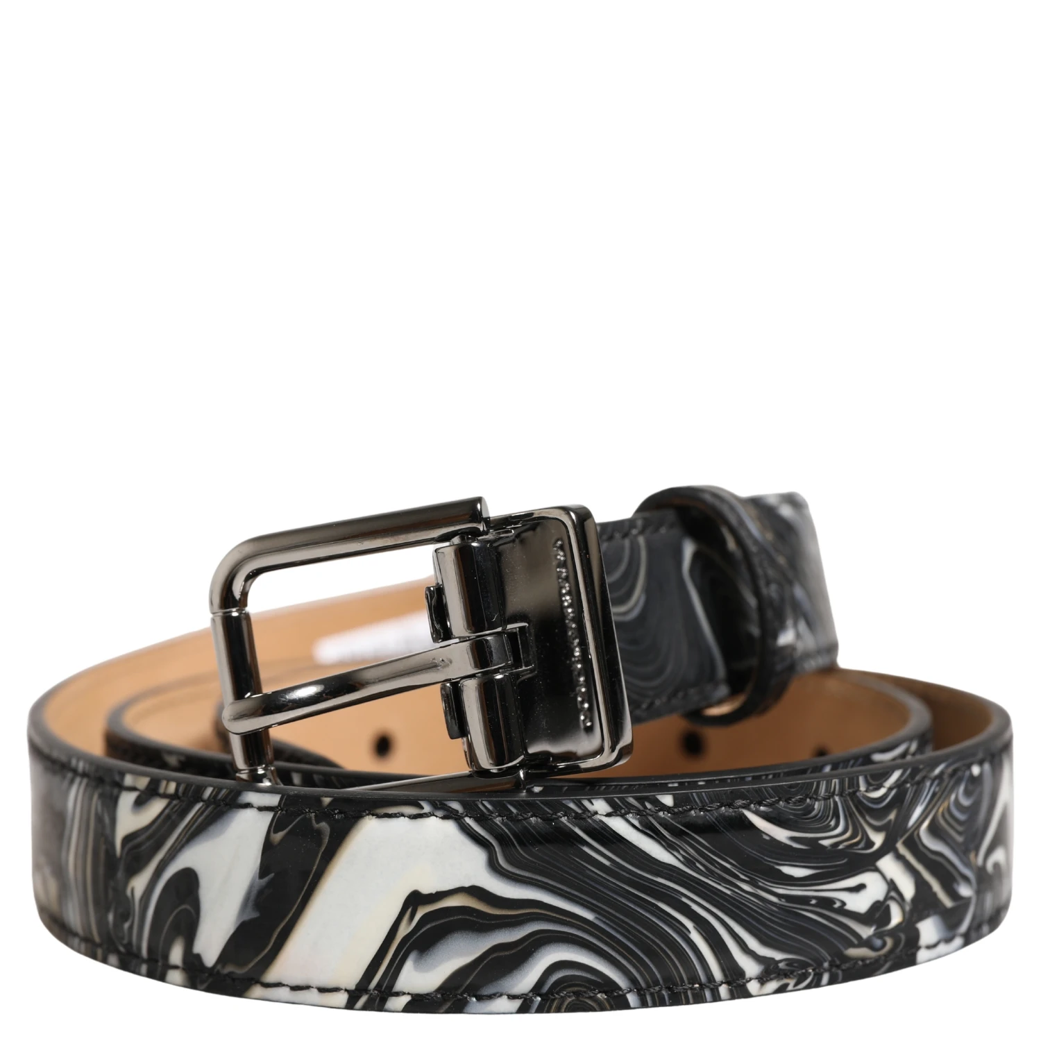Men Black Marble Leather Metal Buckle Belt
