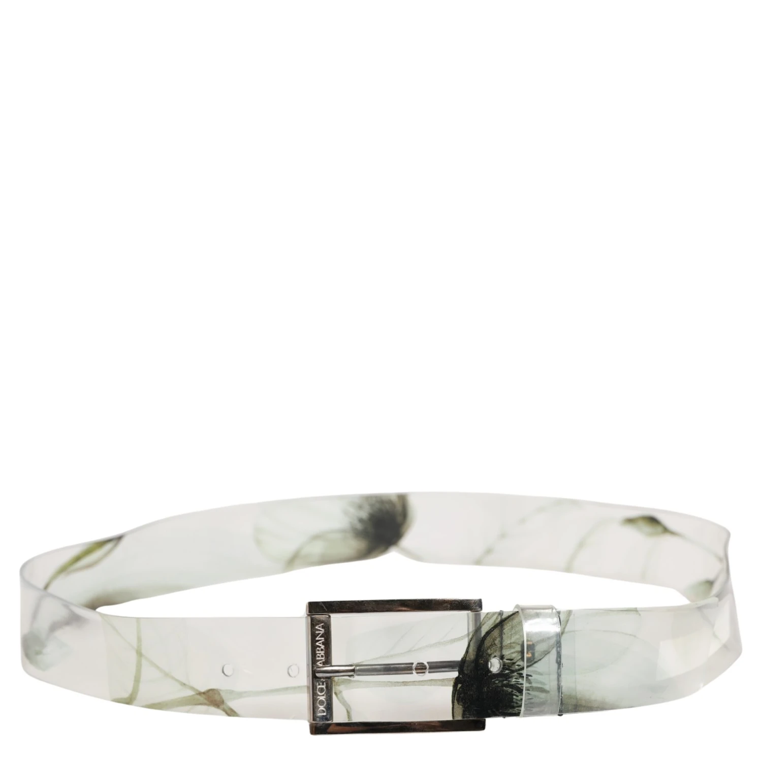 Men White Floral PVC Silver Metal Buckle Belt
