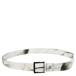 Men White Floral PVC Silver Metal Buckle Belt