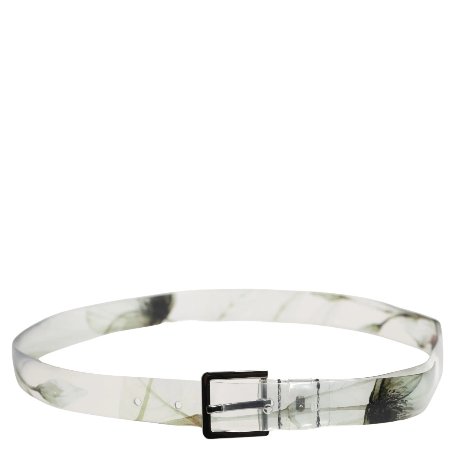 Men White Floral PVC Silver Metal Buckle Belt