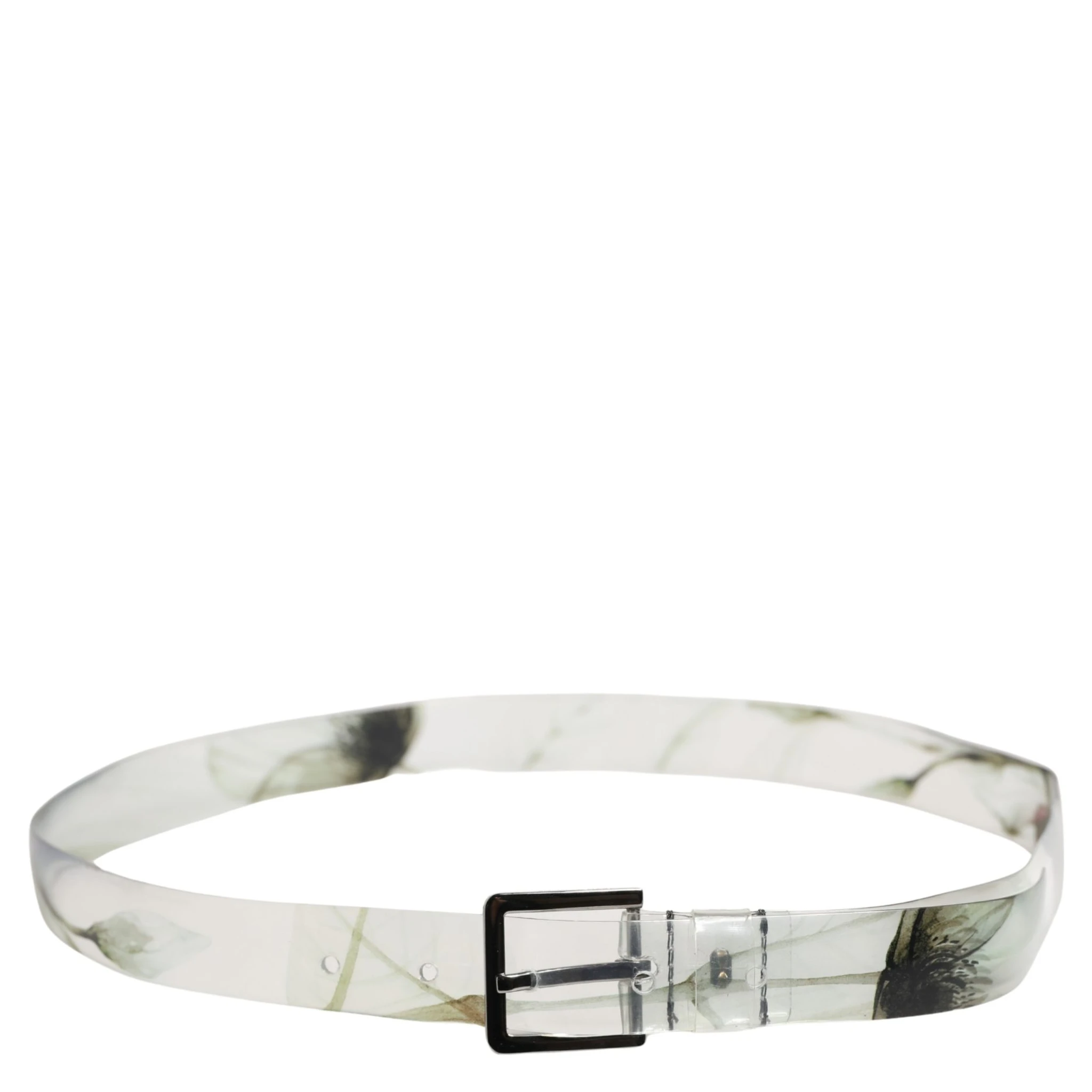 Men White Floral PVC Silver Metal Buckle Belt