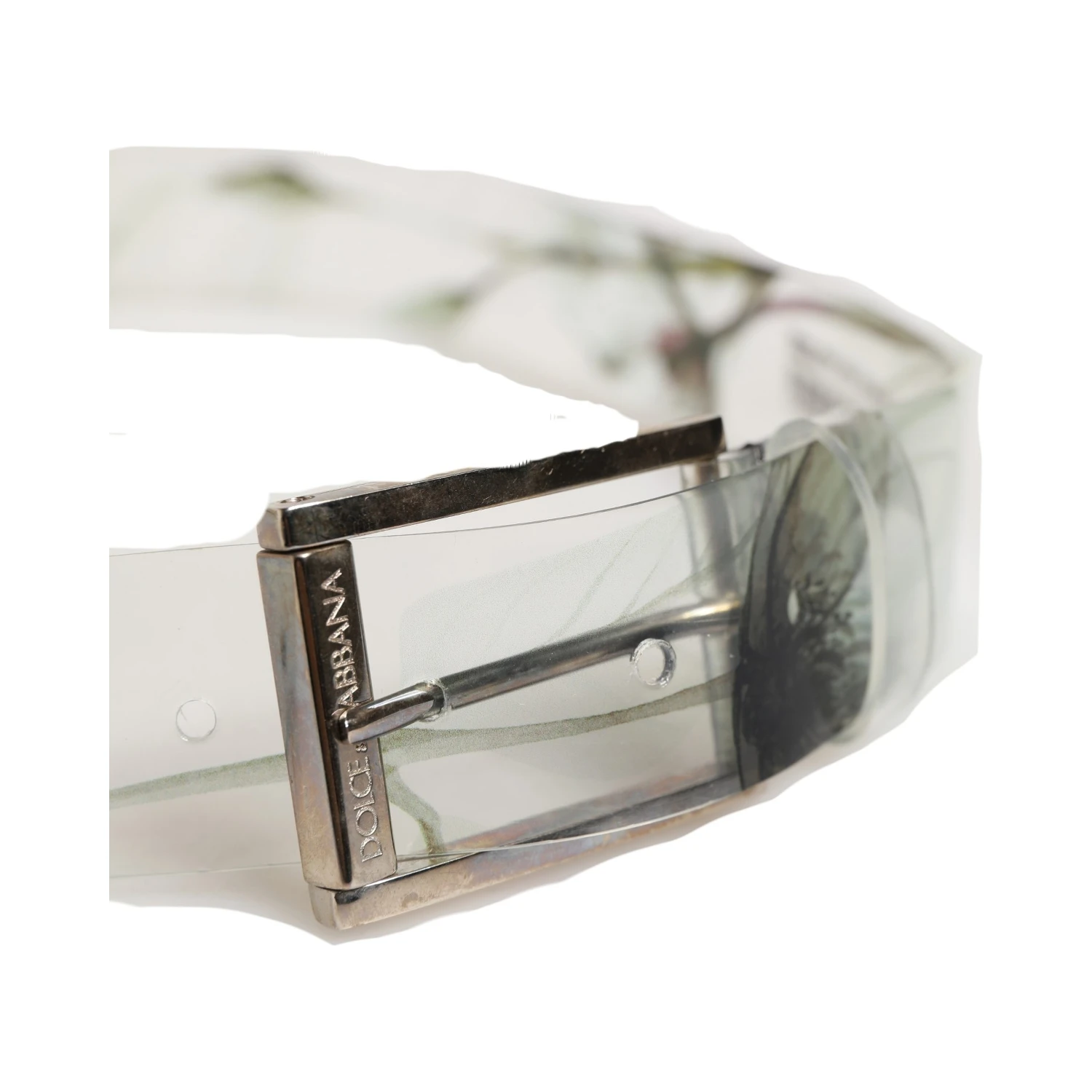 Men White Floral PVC Silver Metal Buckle Belt