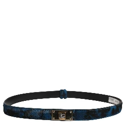 Men Blue Calf Leather Logo Metal Buckle Belt