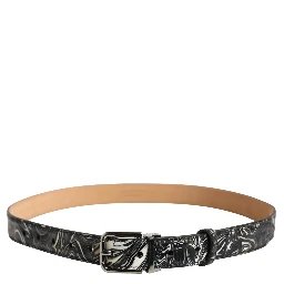 Men Black Marble Leather Metal Buckle Belt
