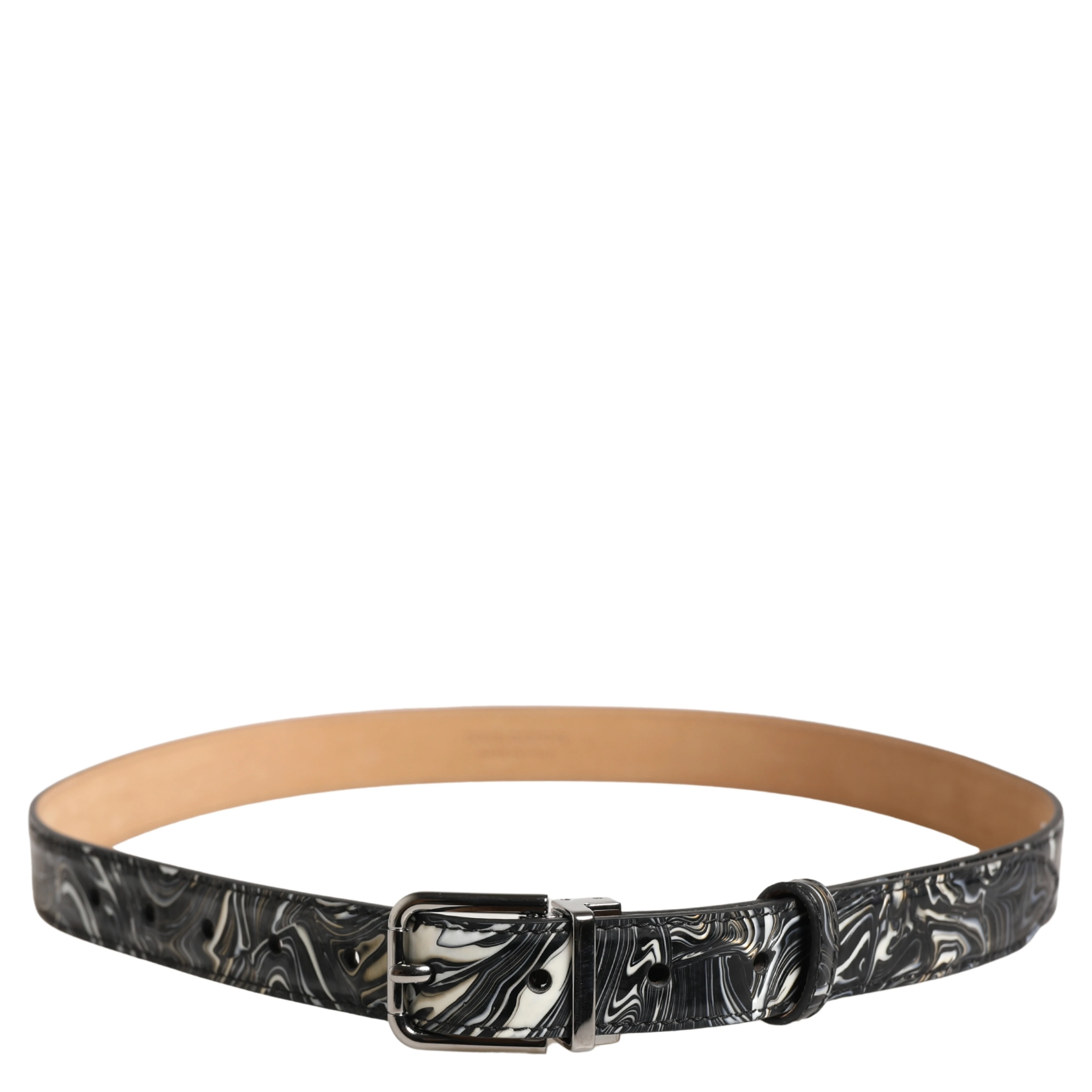 Men Black Marble Leather Metal Buckle Belt