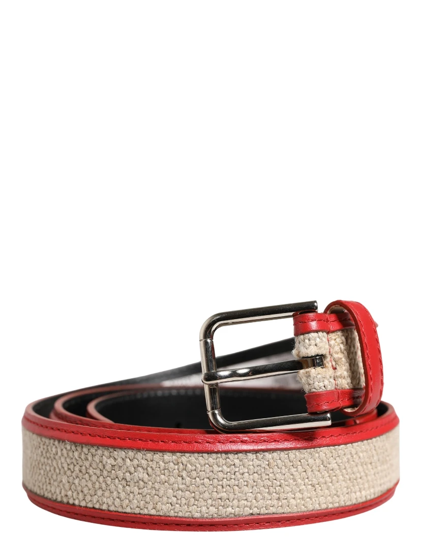 Men Beige Red Woven Leather Metal Buckle Belt