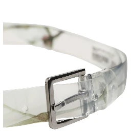 Men White Floral PVC Silver Metal Buckle Belt
