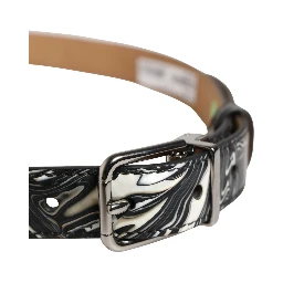 Men Black Marble Leather Metal Buckle Belt