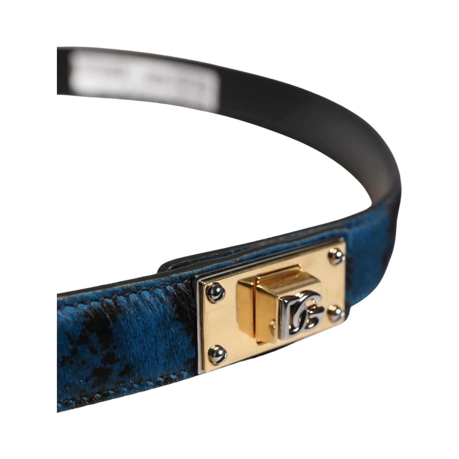 Men Blue Calf Leather Logo Metal Buckle Belt