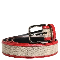 Men Beige Red Woven Leather Metal Buckle Belt