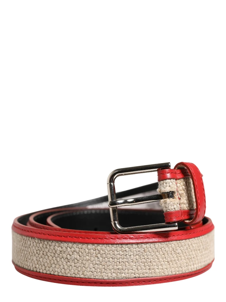 Men Beige Red Woven Leather Metal Buckle Belt alternative