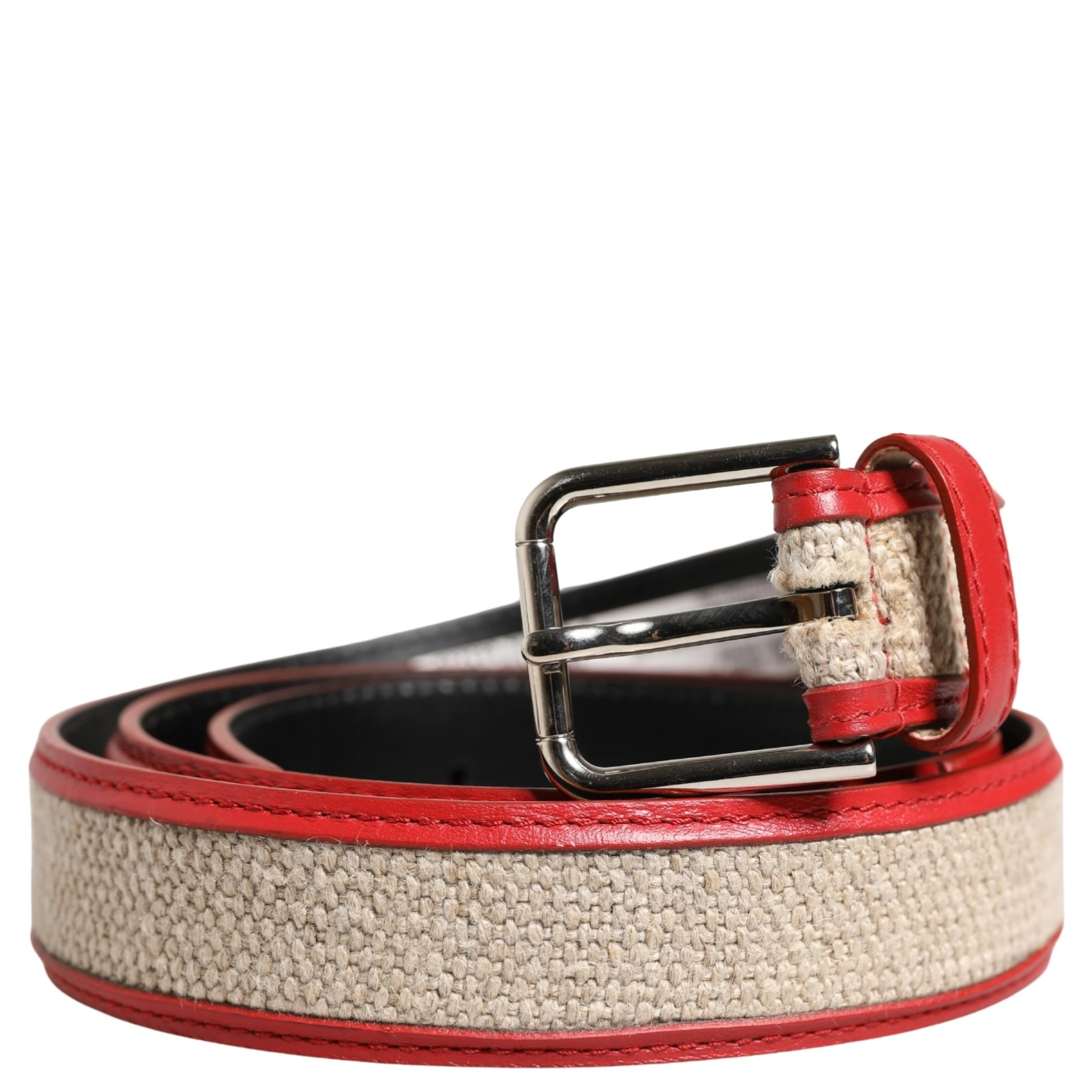 Men Beige Red Woven Leather Metal Buckle Belt