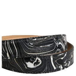 Men Black Marble Leather Metal Buckle Belt