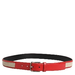 Men Beige Red Woven Leather Metal Buckle Belt
