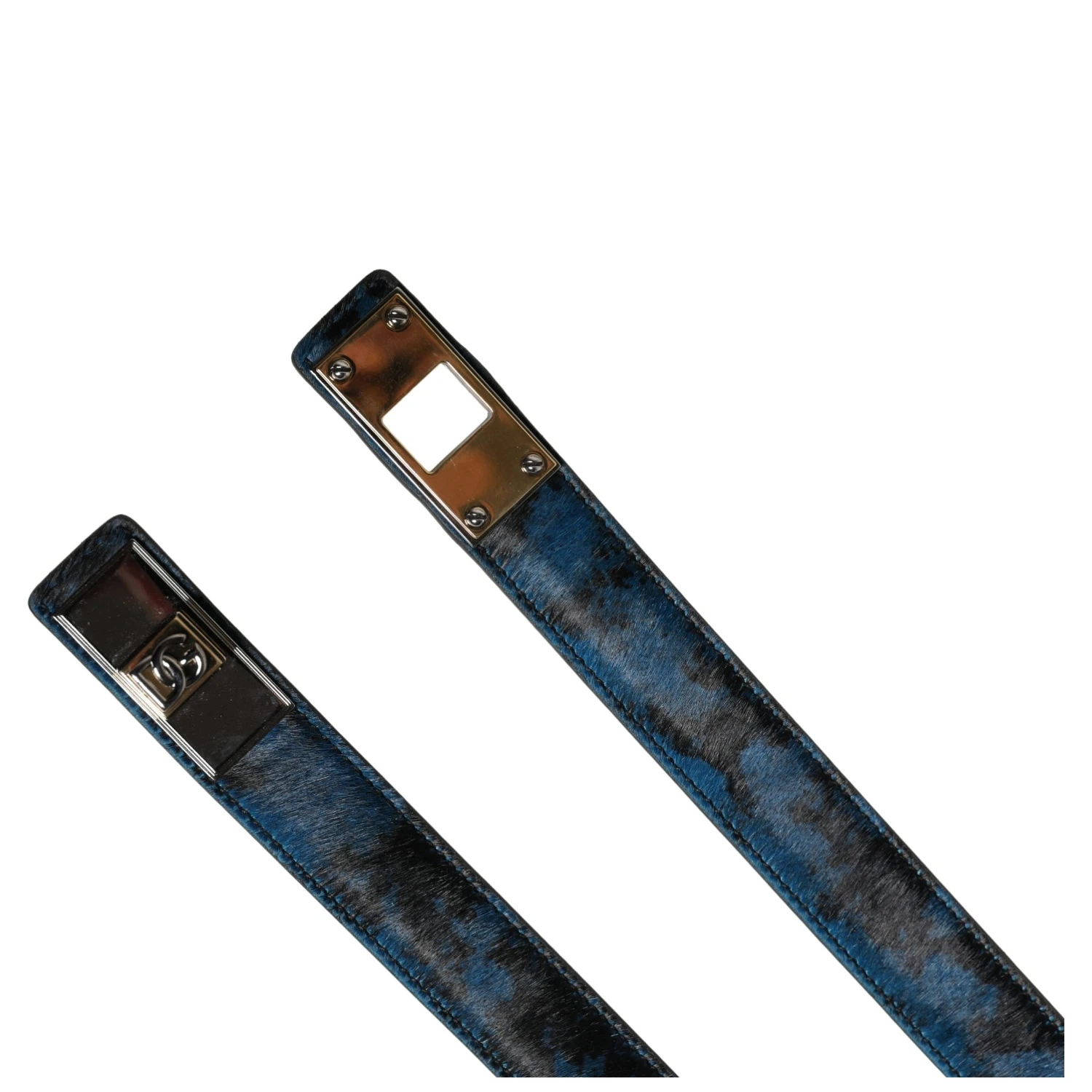 Men Blue Calf Leather Logo Metal Buckle Belt