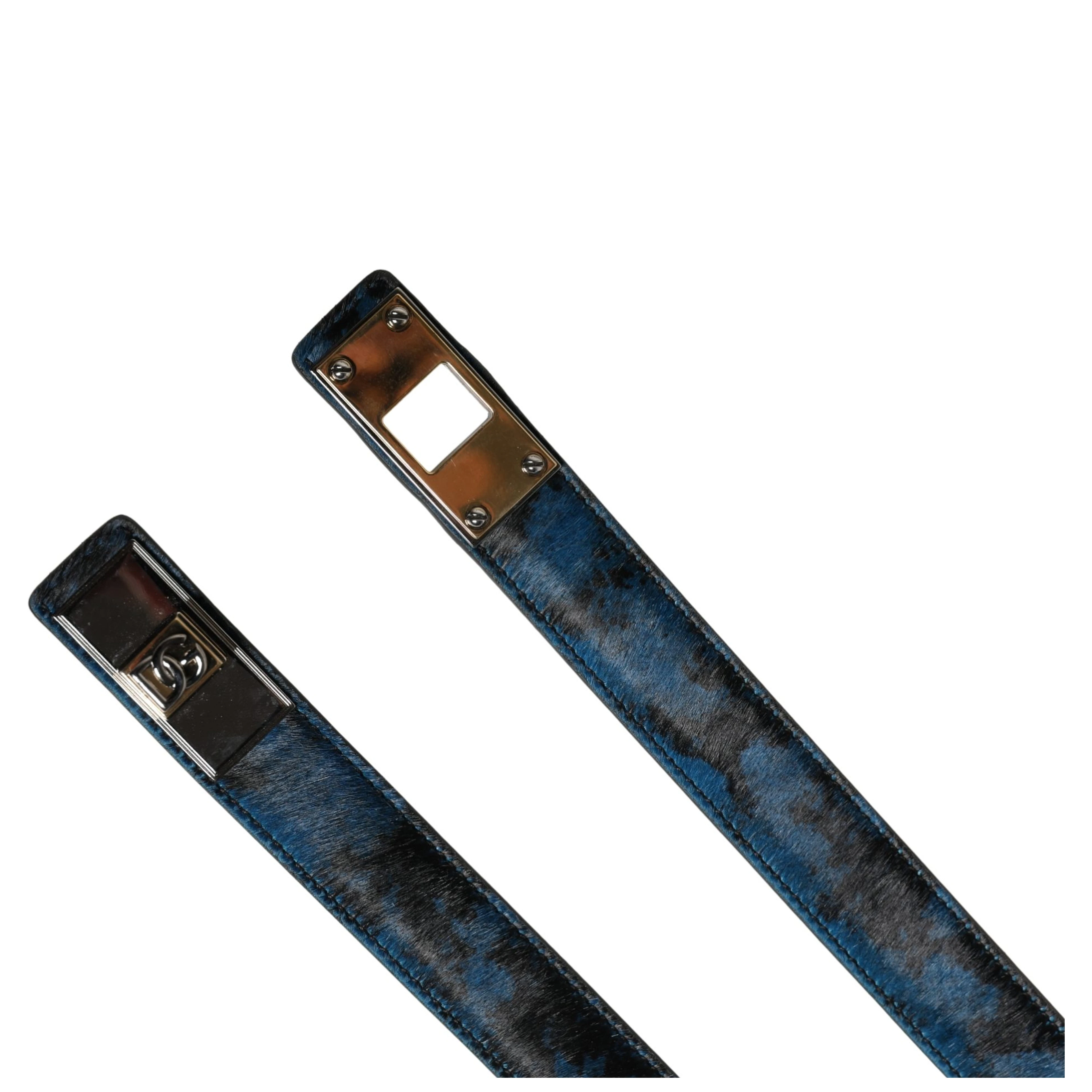 Men Blue Calf Leather Logo Metal Buckle Belt