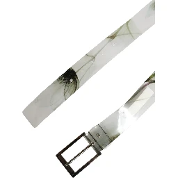 Men White Floral PVC Silver Metal Buckle Belt
