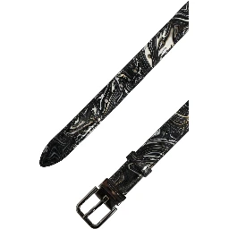 Men Black Marble Leather Metal Buckle Belt