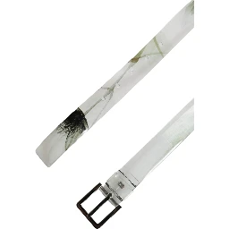 Men White Floral PVC Silver Metal Buckle Belt