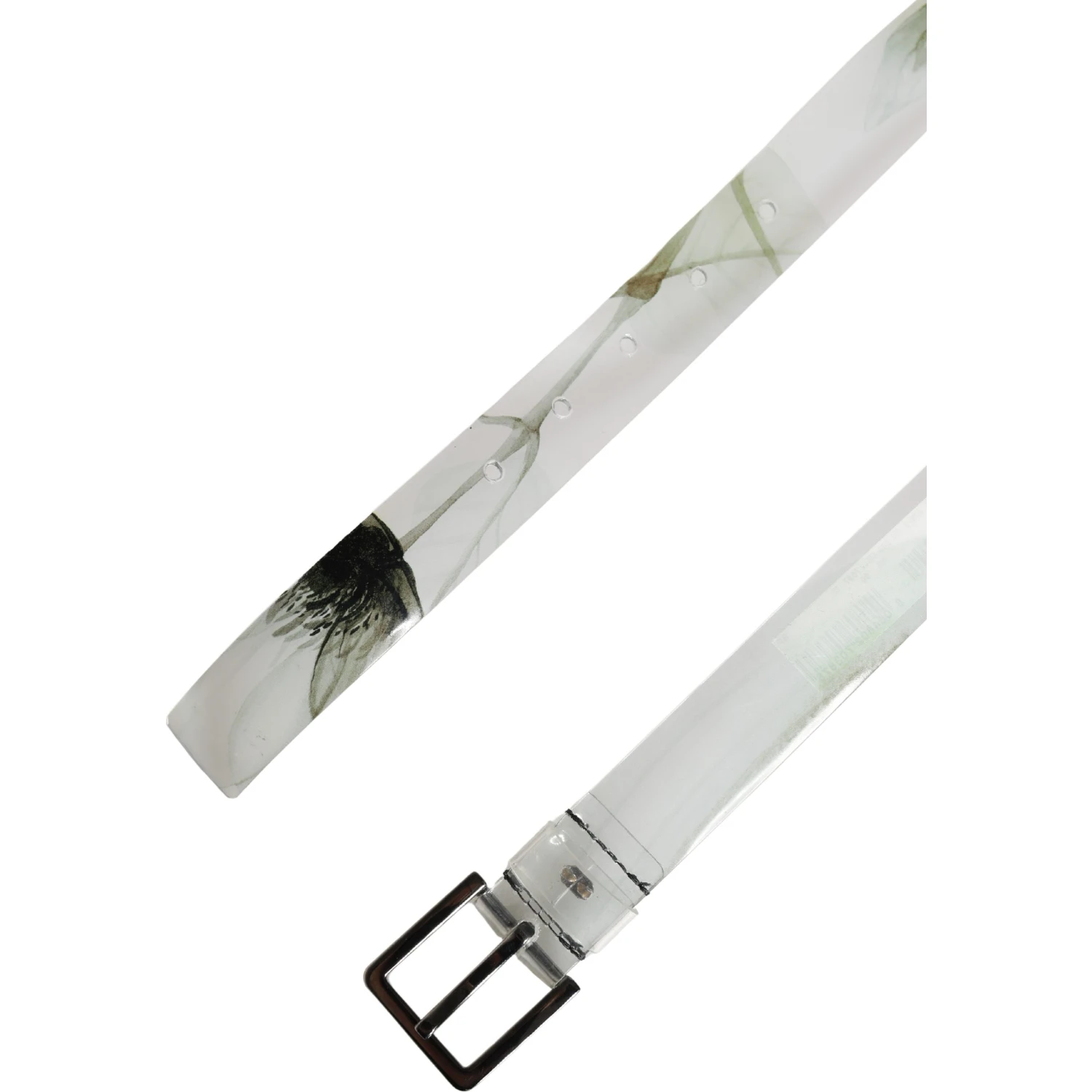 Men White Floral PVC Silver Metal Buckle Belt
