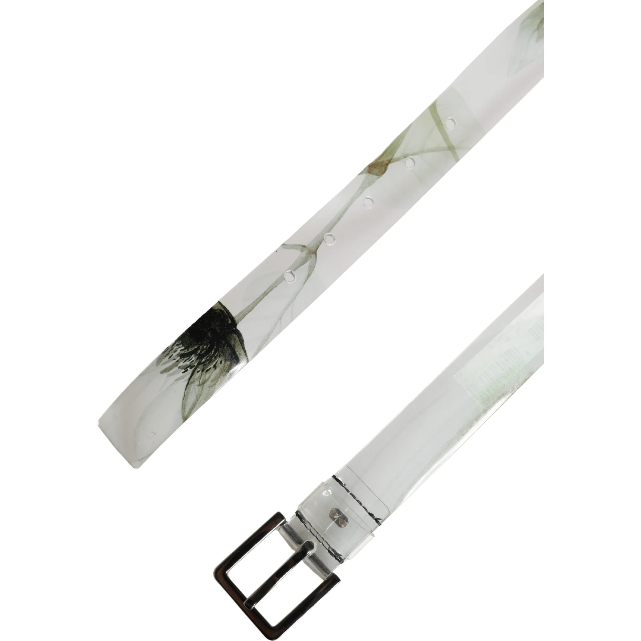 Men White Floral PVC Silver Metal Buckle Belt