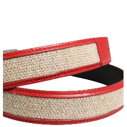 Men Beige Red Woven Leather Metal Buckle Belt