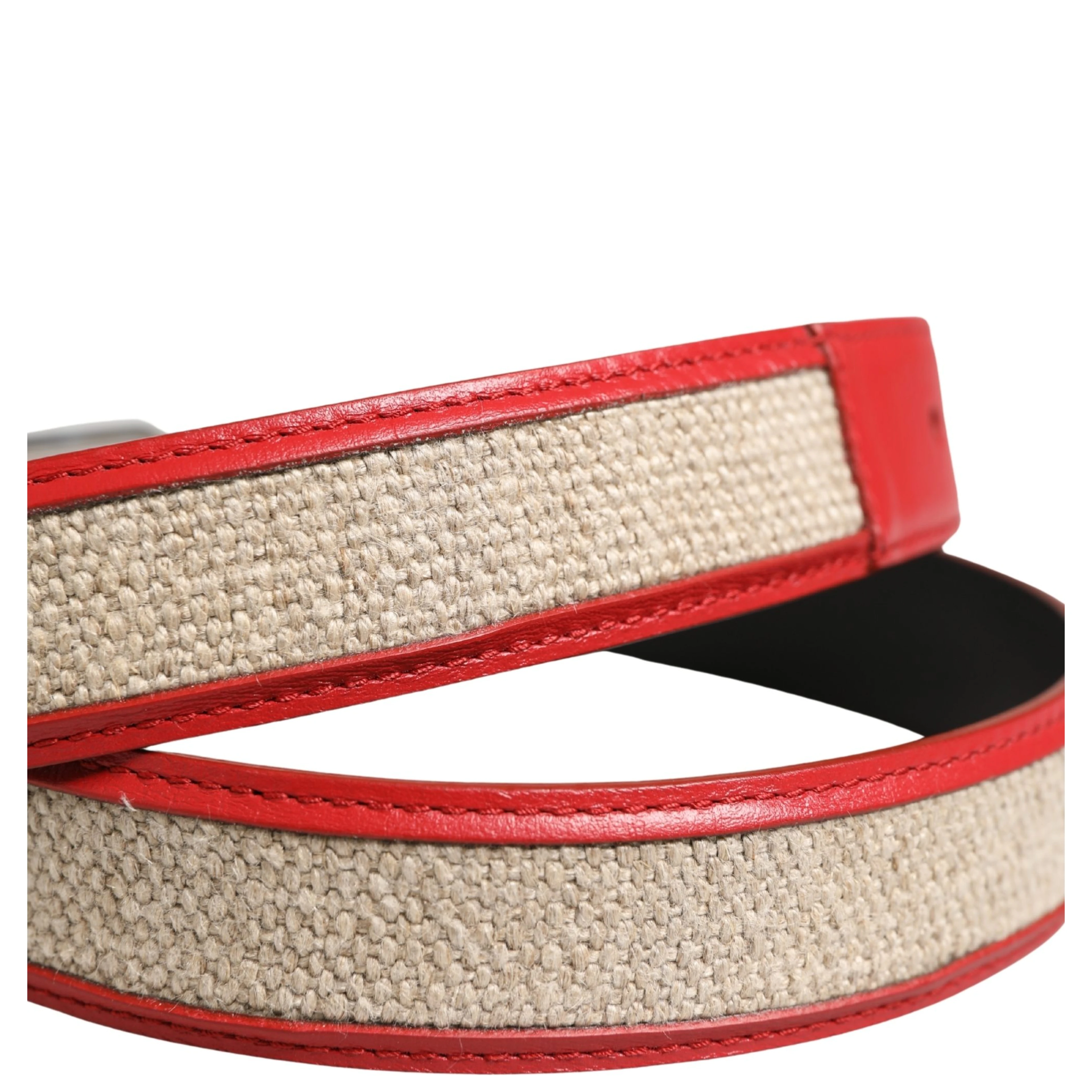 Men Beige Red Woven Leather Metal Buckle Belt
