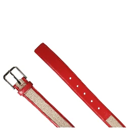 Men Beige Red Woven Leather Metal Buckle Belt