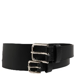 Black Double Strap Leather Silver Buckle Belt