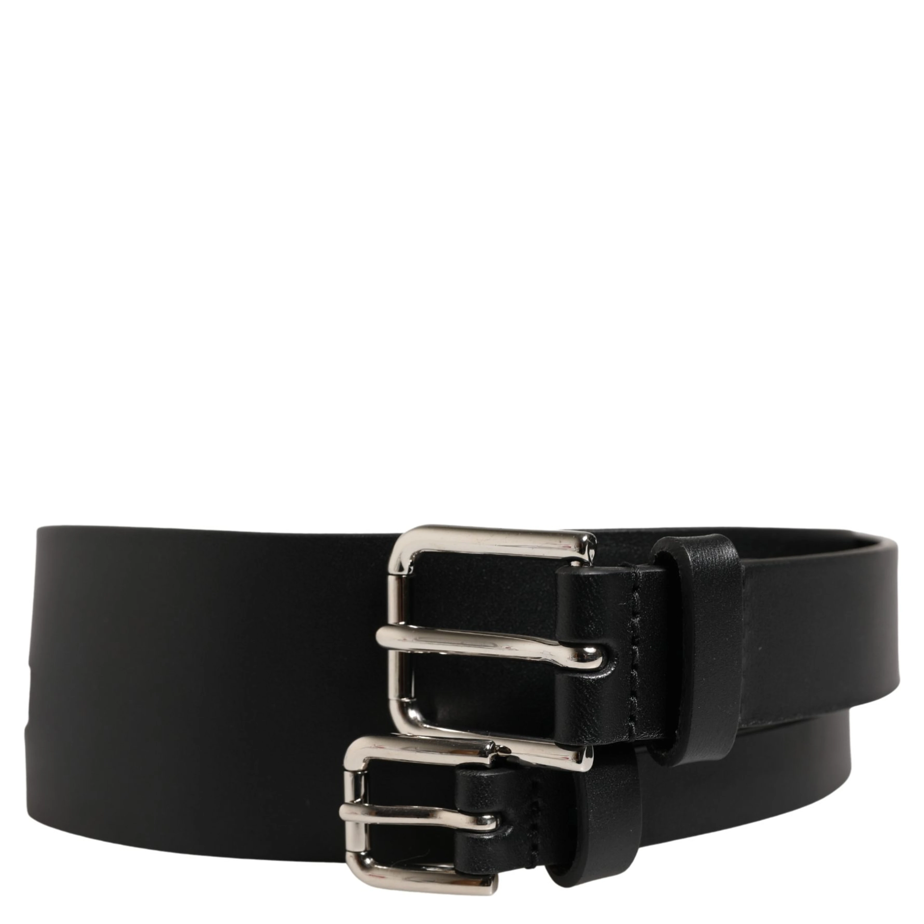 Black Double Strap Leather Silver Buckle Belt