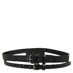 Black Double Strap Leather Silver Buckle Belt