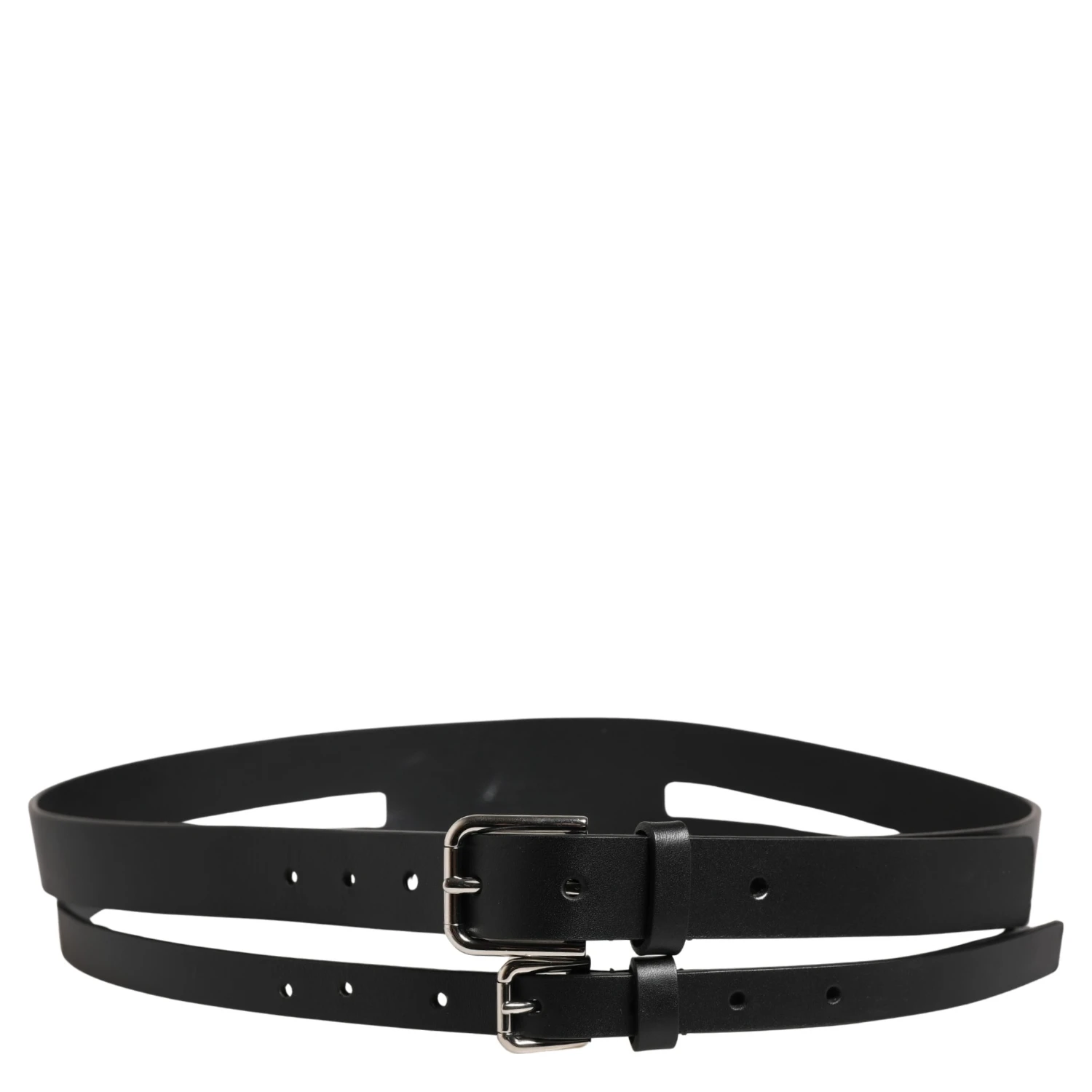 Black Double Strap Leather Silver Buckle Belt