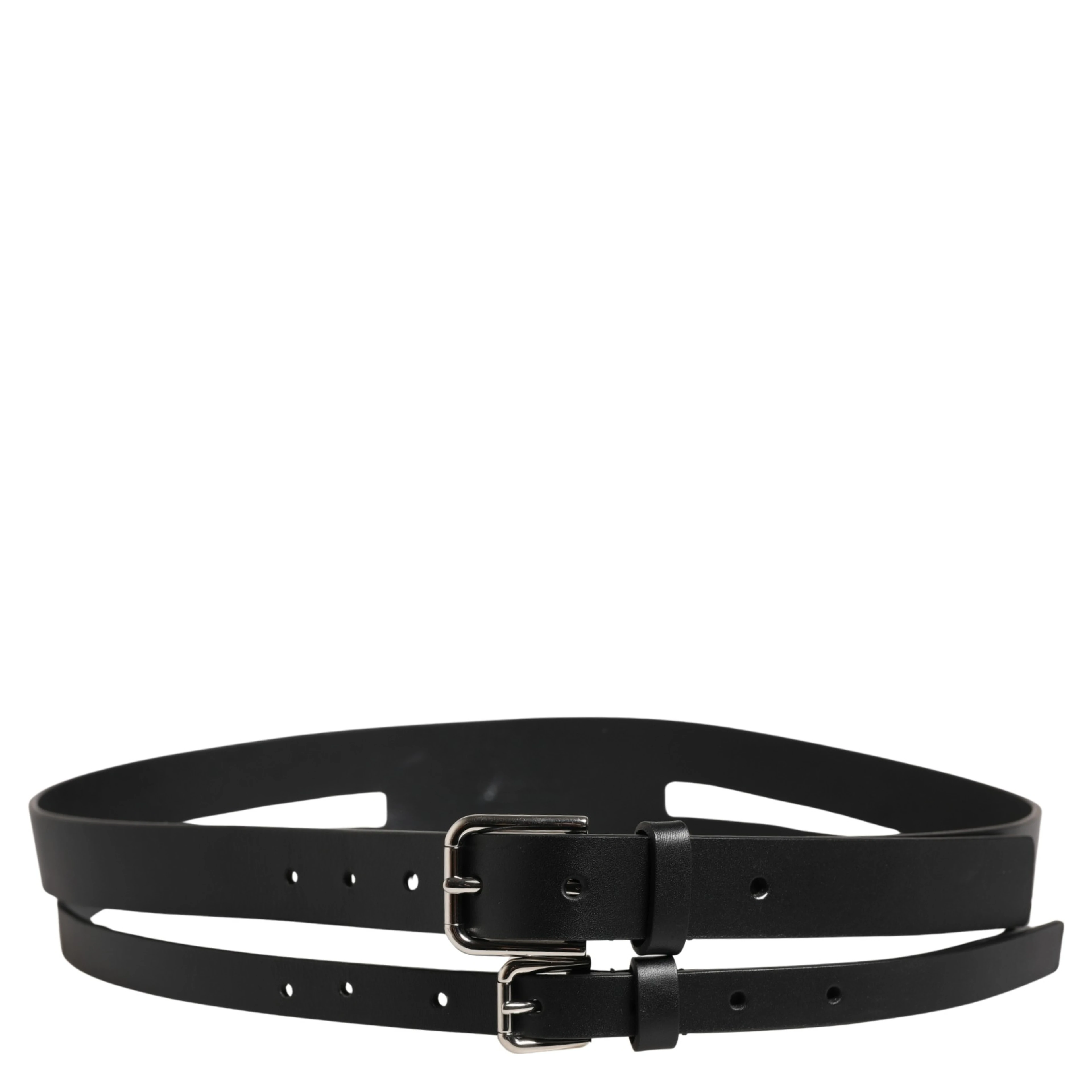 Black Double Strap Leather Silver Buckle Belt