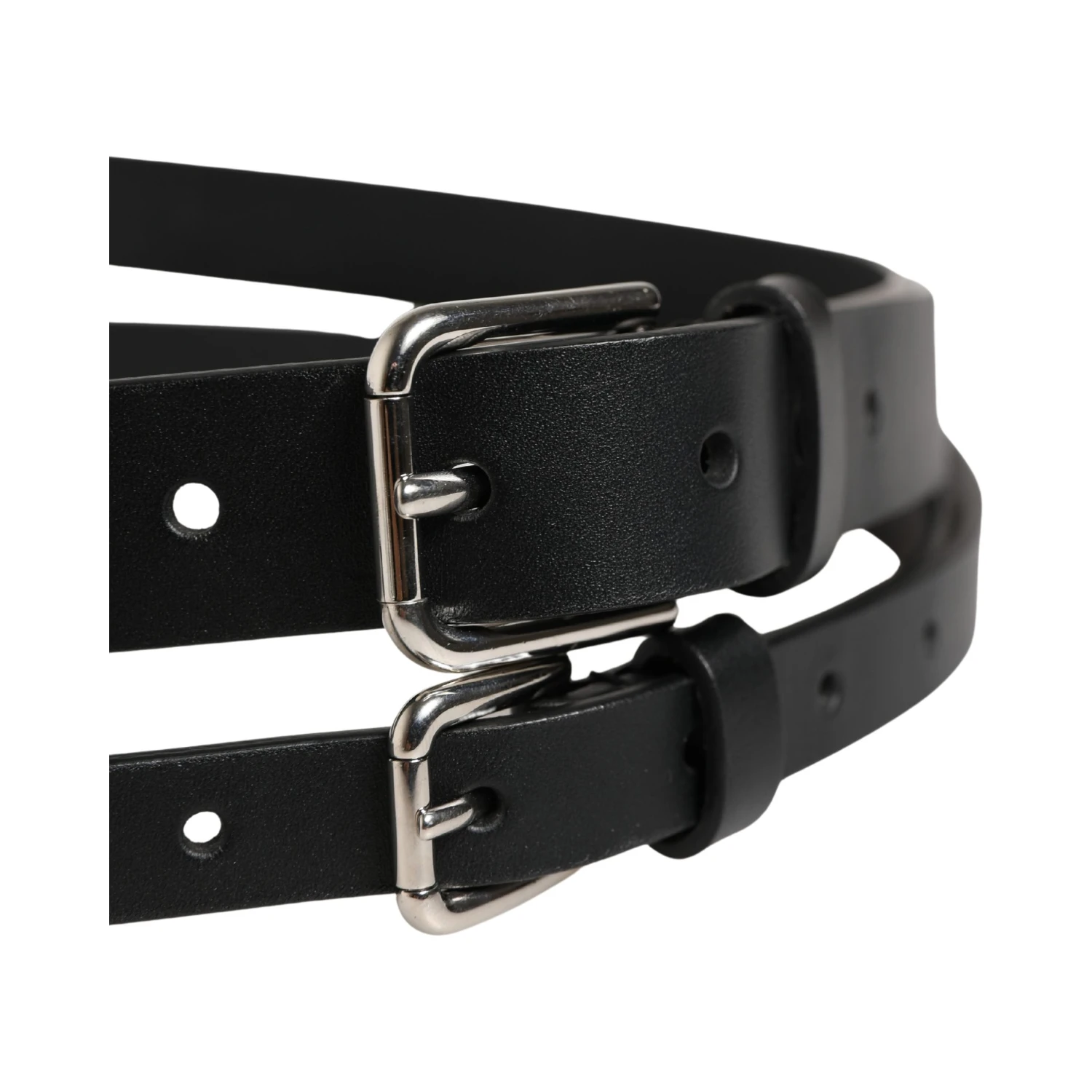 Black Double Strap Leather Silver Buckle Belt