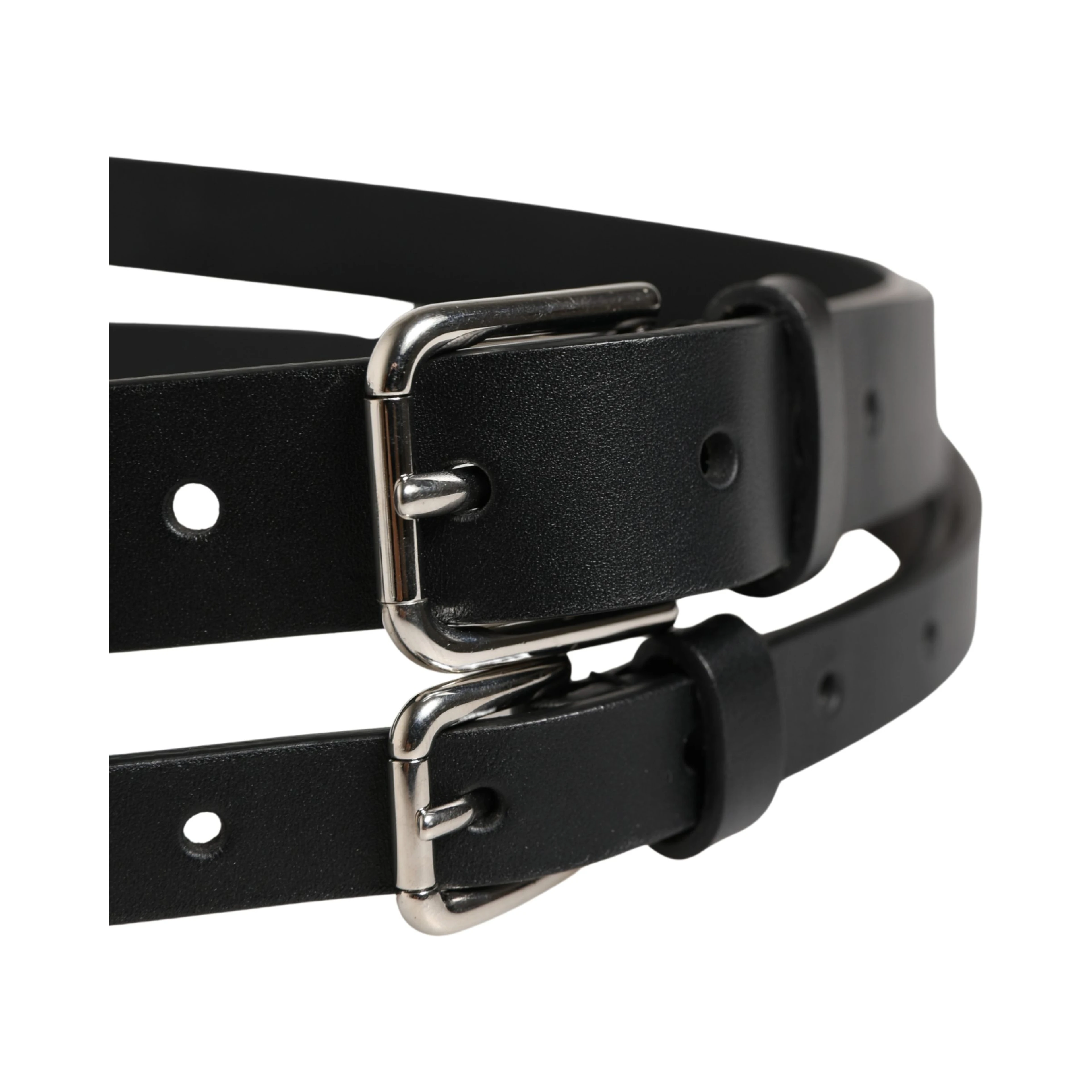 Black Double Strap Leather Silver Buckle Belt