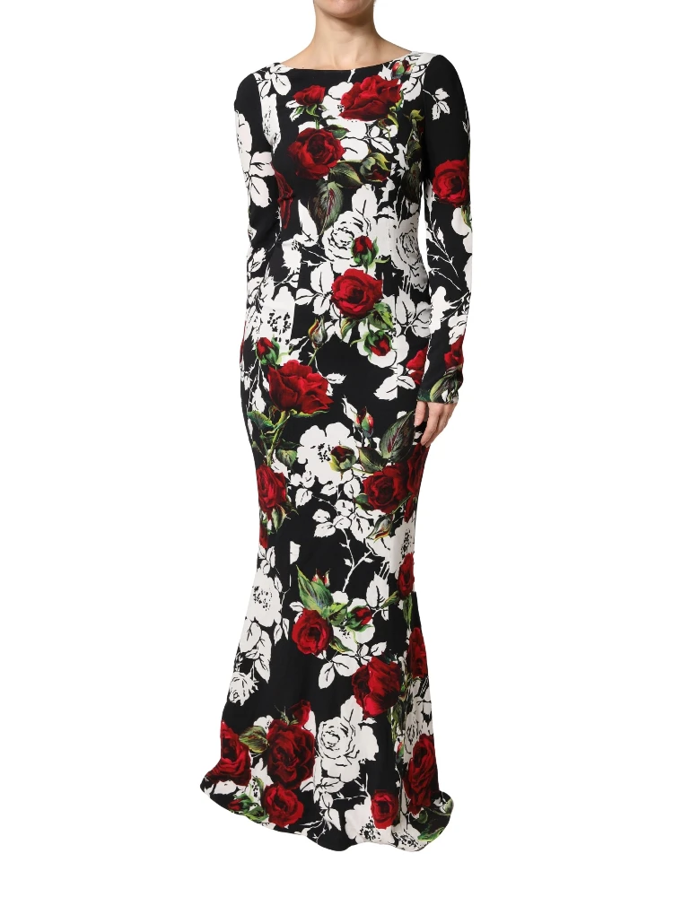 Black Floral Viscose Bodycon Long Gown Dress