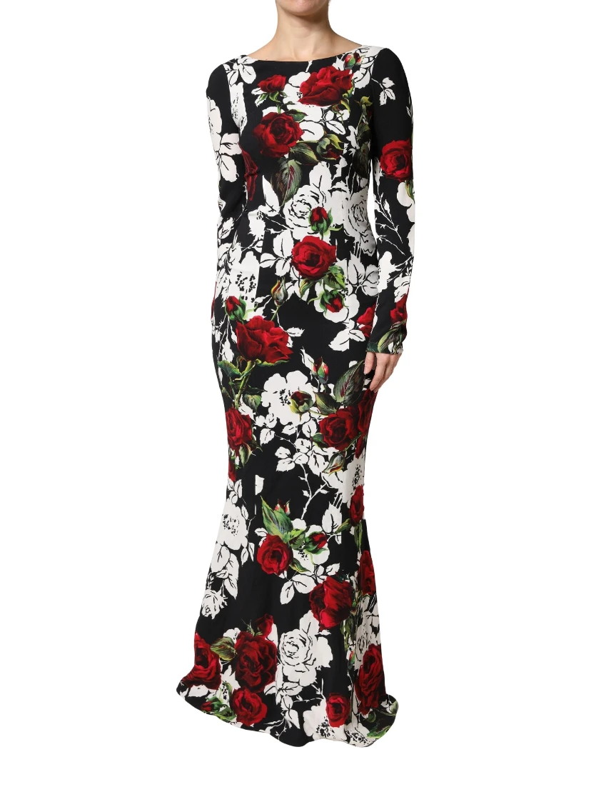 Black Floral Viscose Bodycon Long Gown Dress