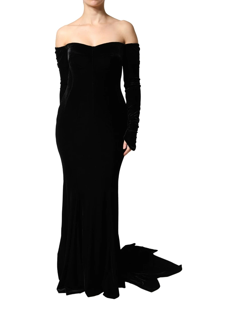 Black Off Shoulder Bodycon Long Gown Dress