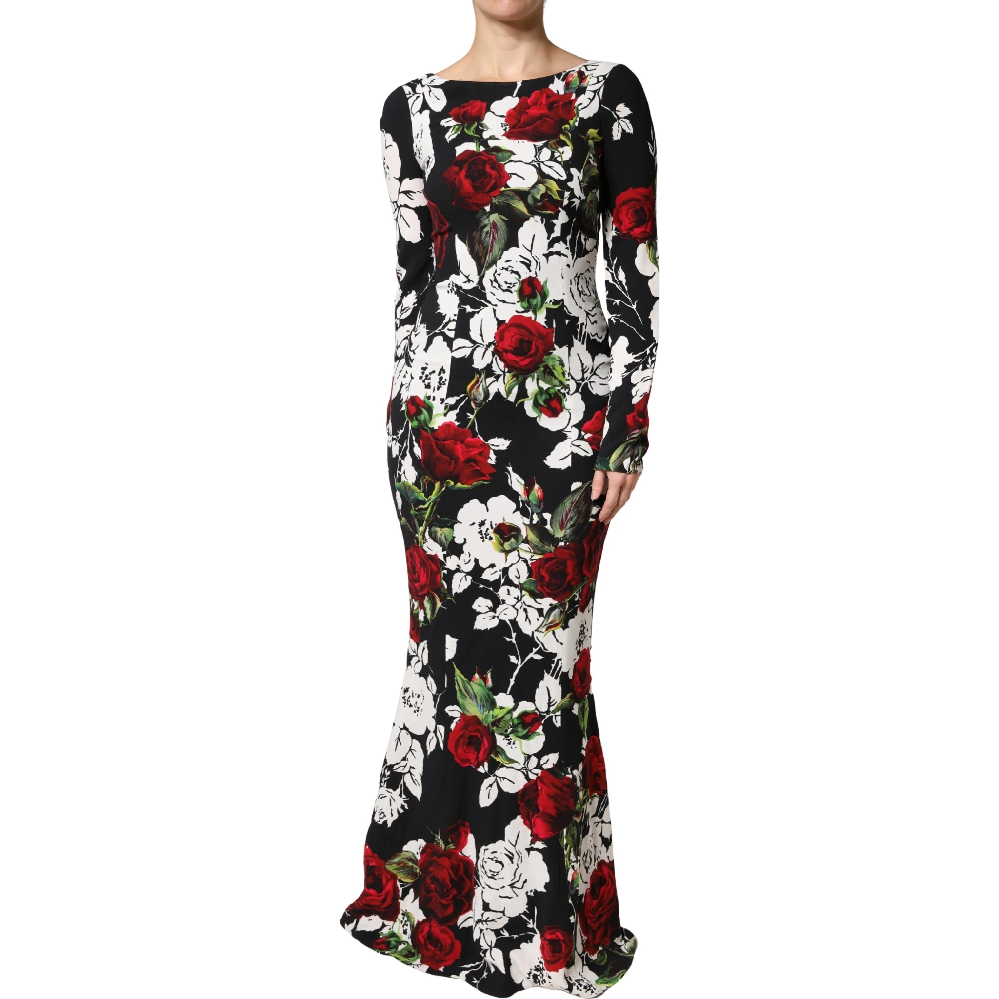 Black Floral Viscose Bodycon Long Gown Dress