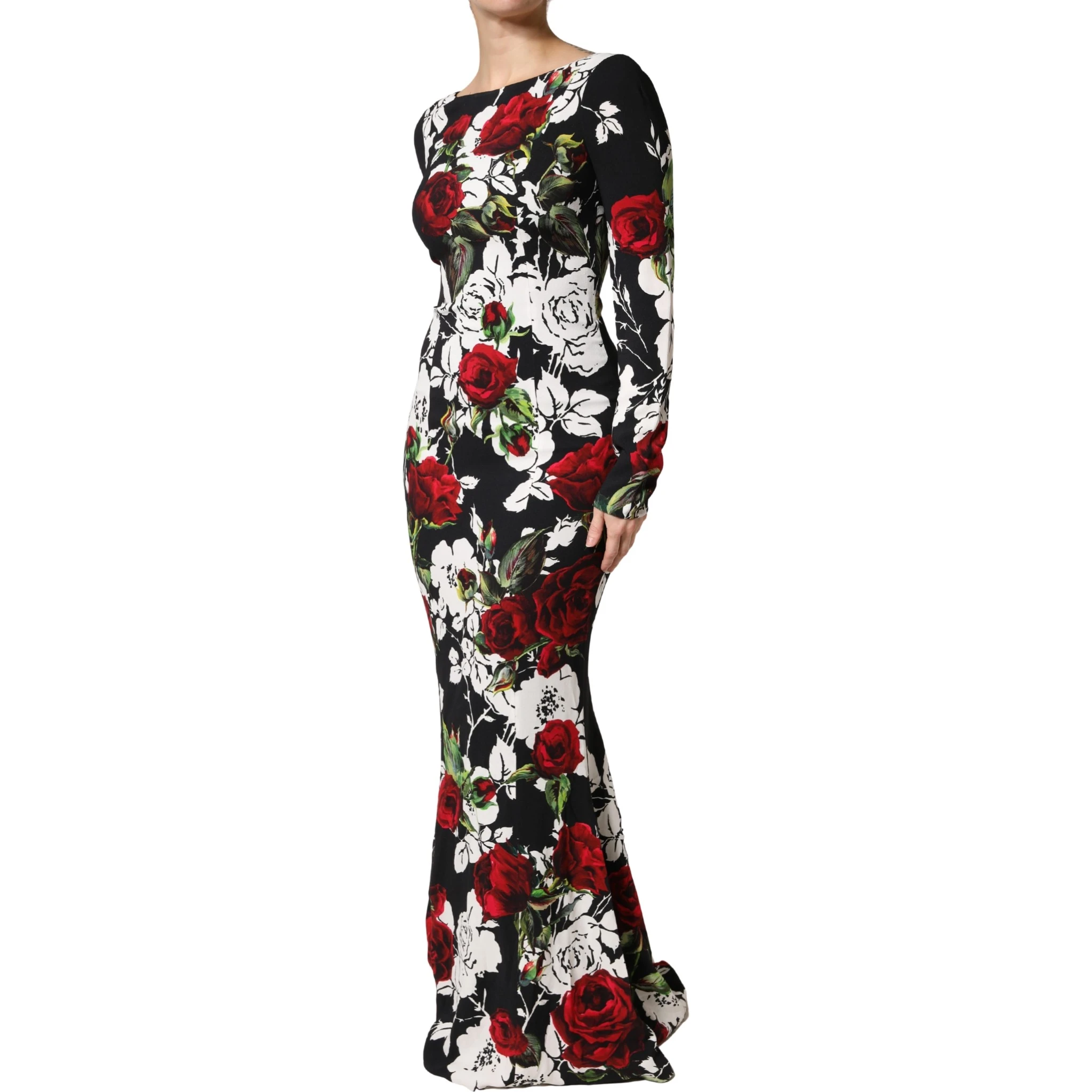 Black Floral Viscose Bodycon Long Gown Dress