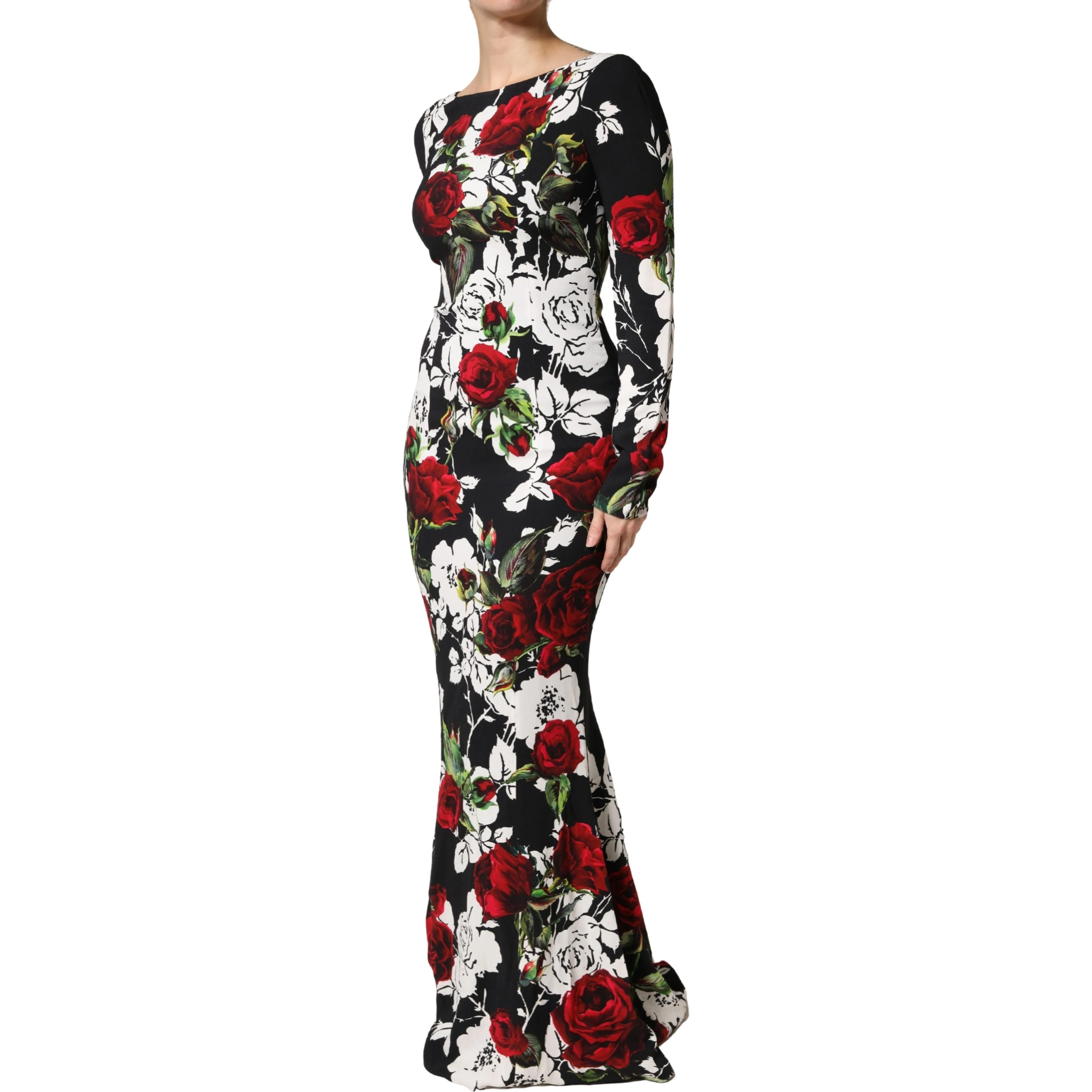 Black Floral Viscose Bodycon Long Gown Dress