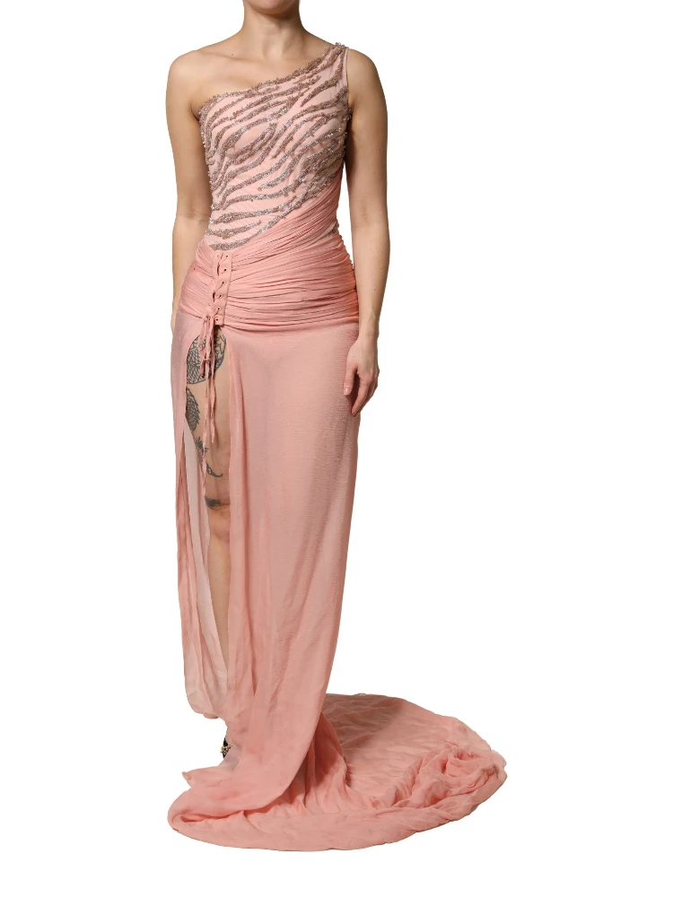 Pink Embellished One Shoulder Maxi Dress
