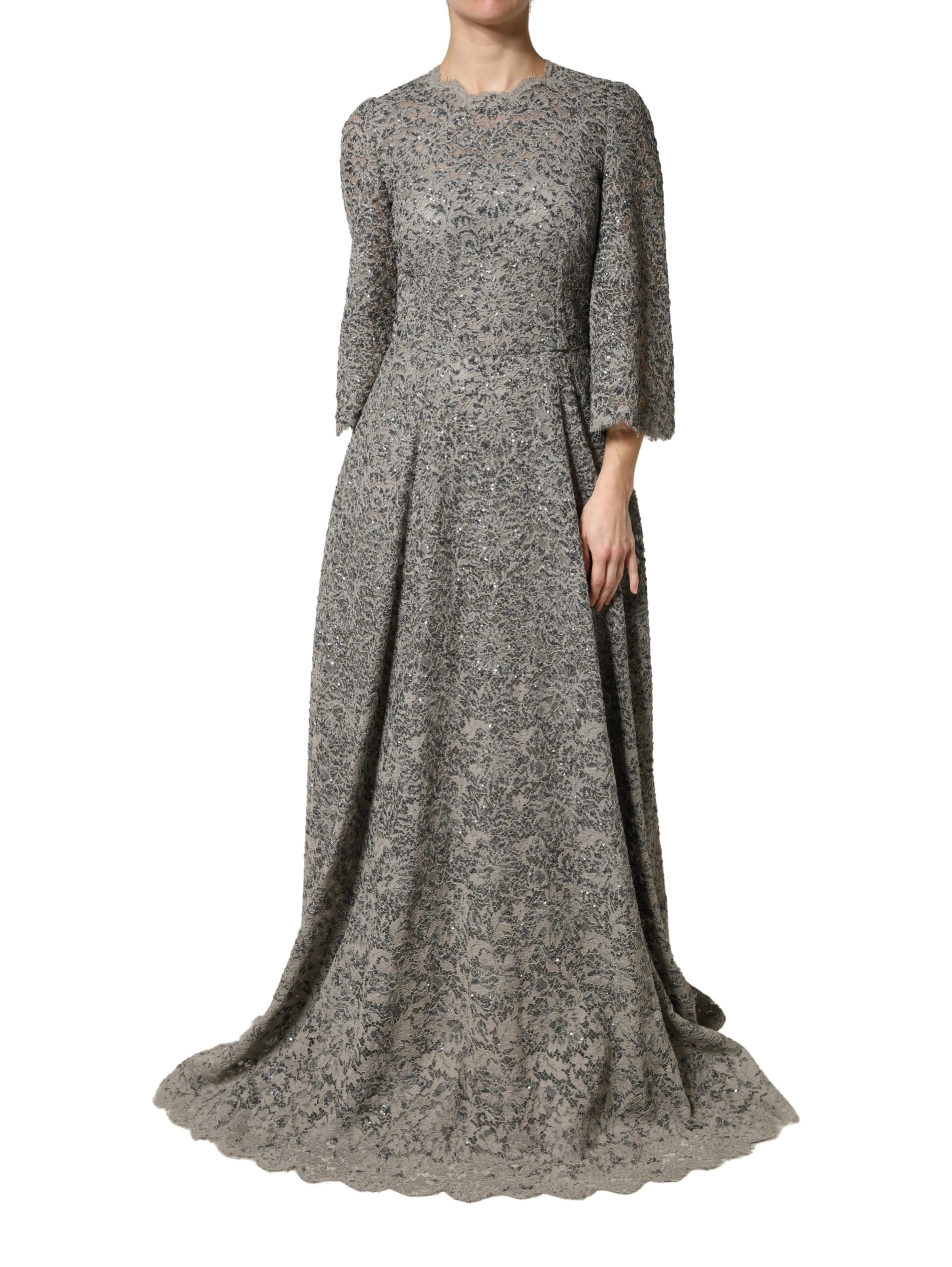 Gray Lace Long Sleeves Cotton Maxi Dress