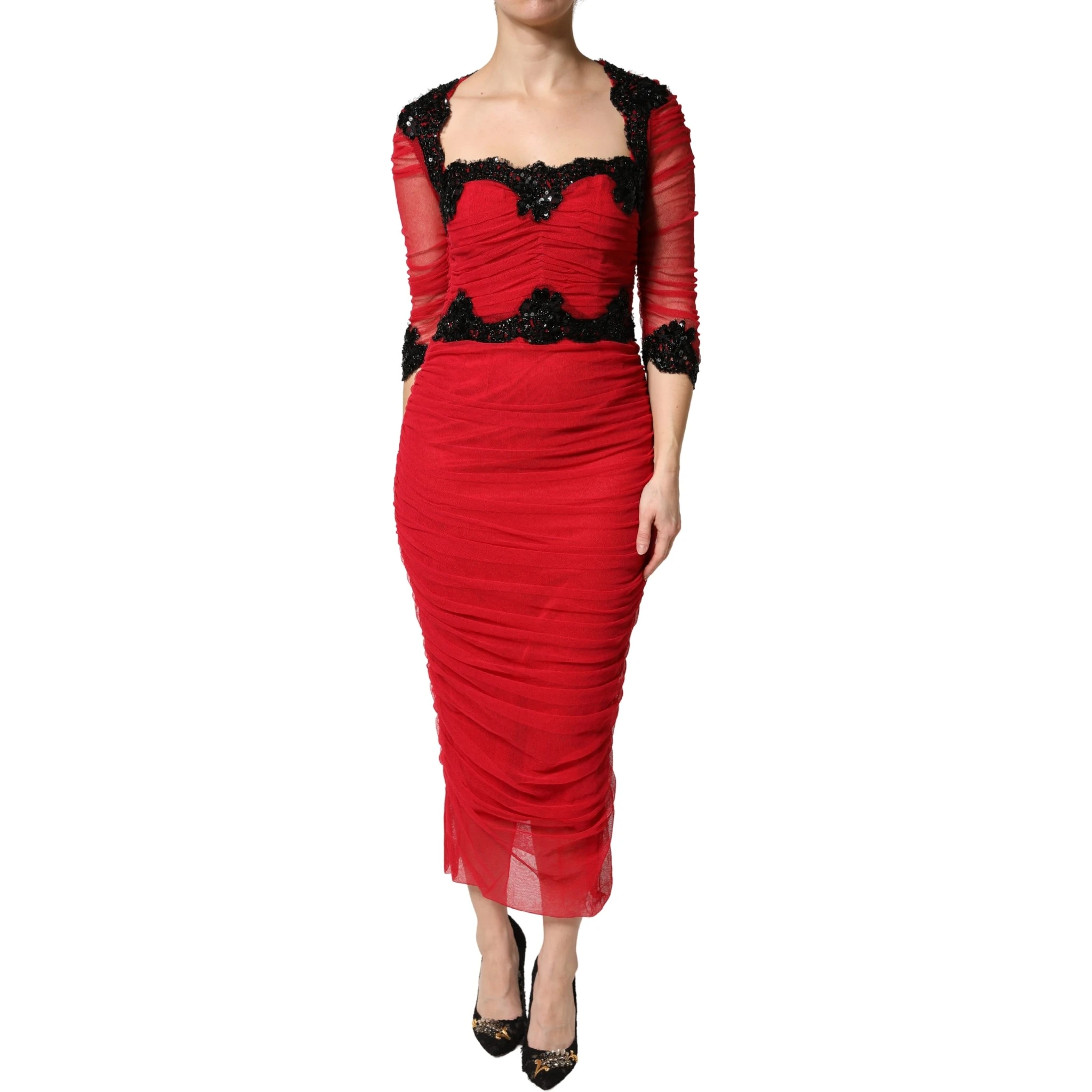 Red Mesh Trim Bodycon Sheath Midi Dress