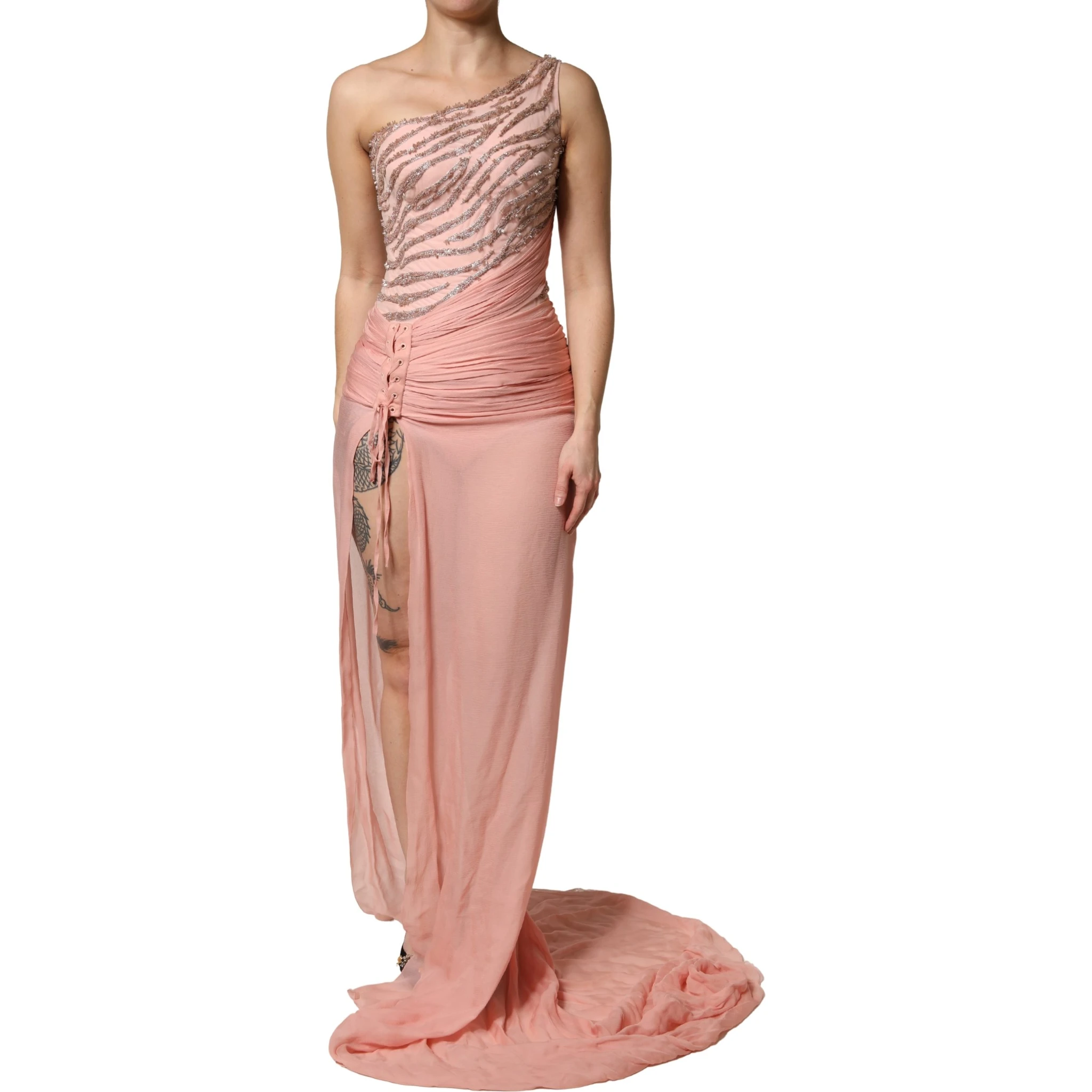 Pink Embellished One Shoulder Maxi Dress
