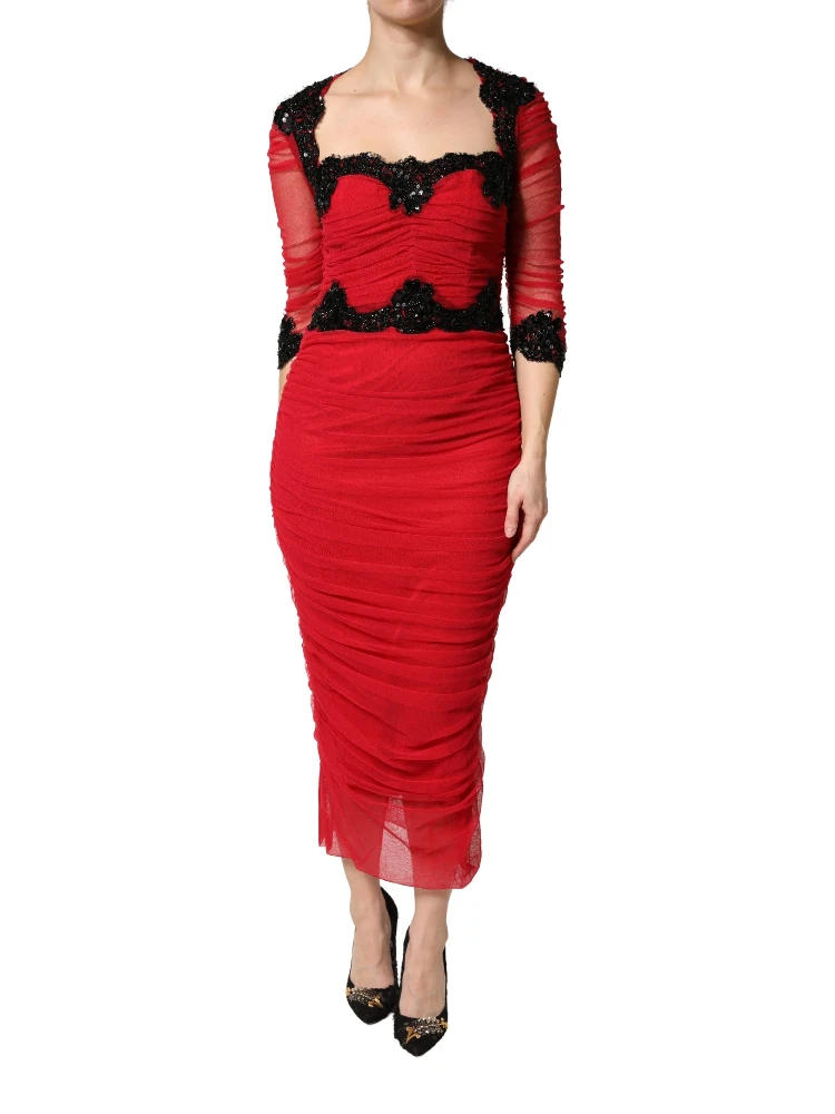 Red Mesh Trim Bodycon Sheath Midi Dress alternative